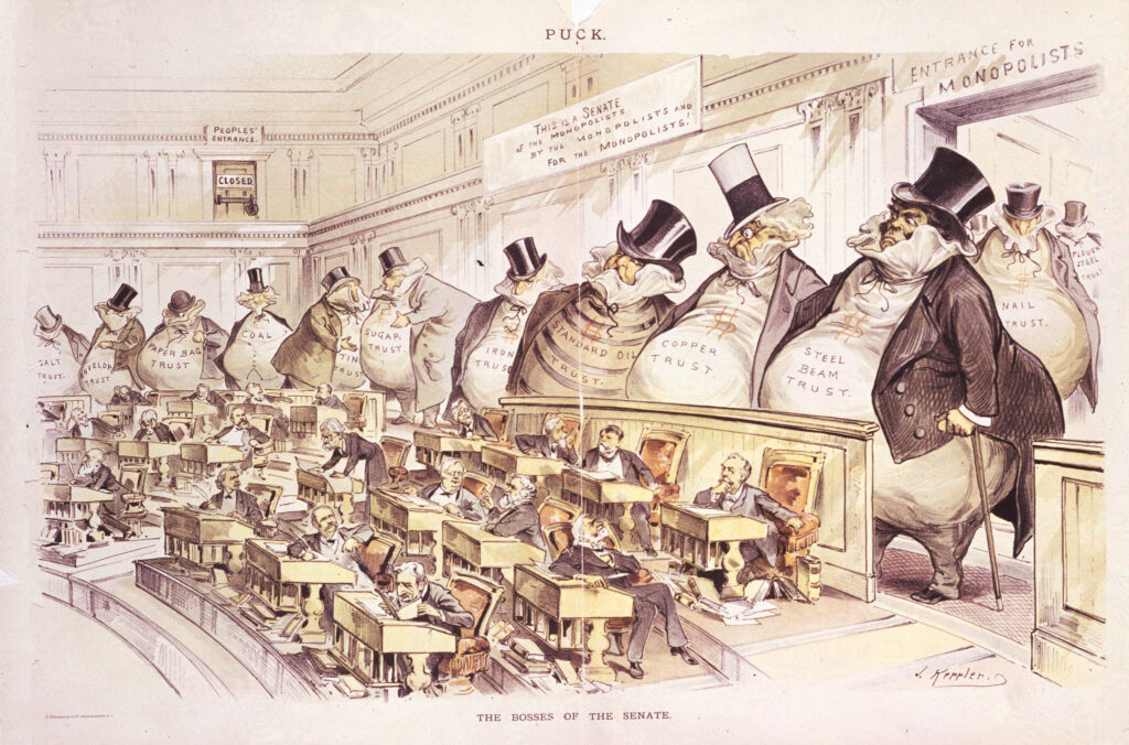 Political cartoon showing giant robber barons looming over tiny senators in the US Senate chamber