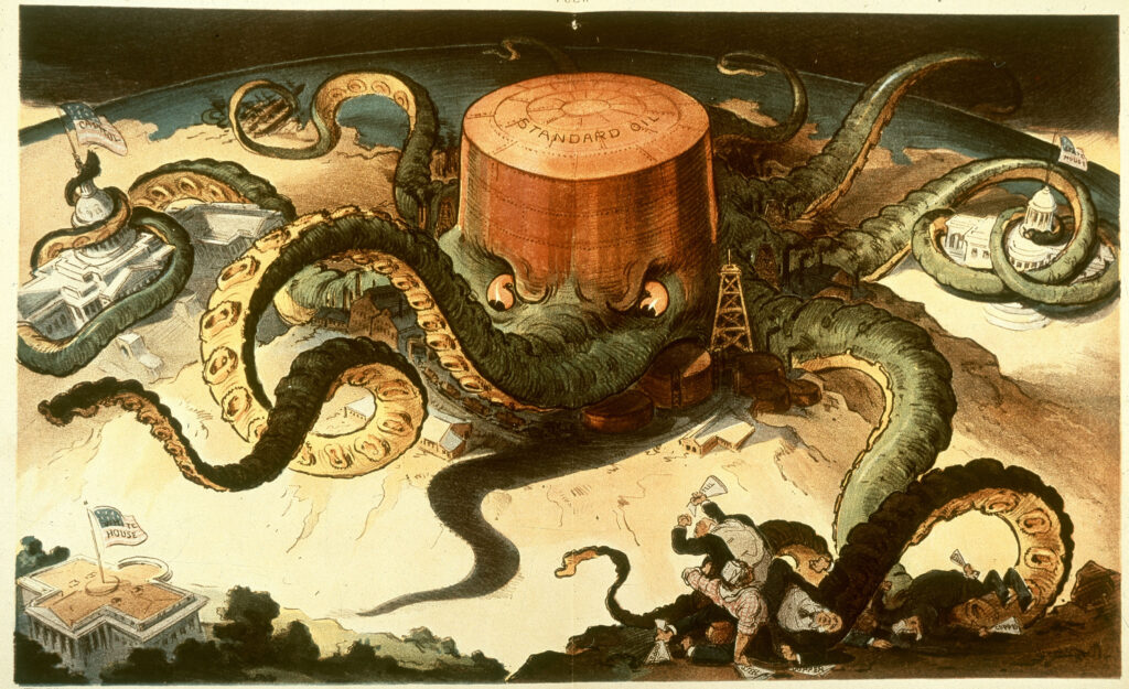 Political cartoon depicting Standard Oil as a giant octopus wrapping its tentacles around government, industry, and the press
